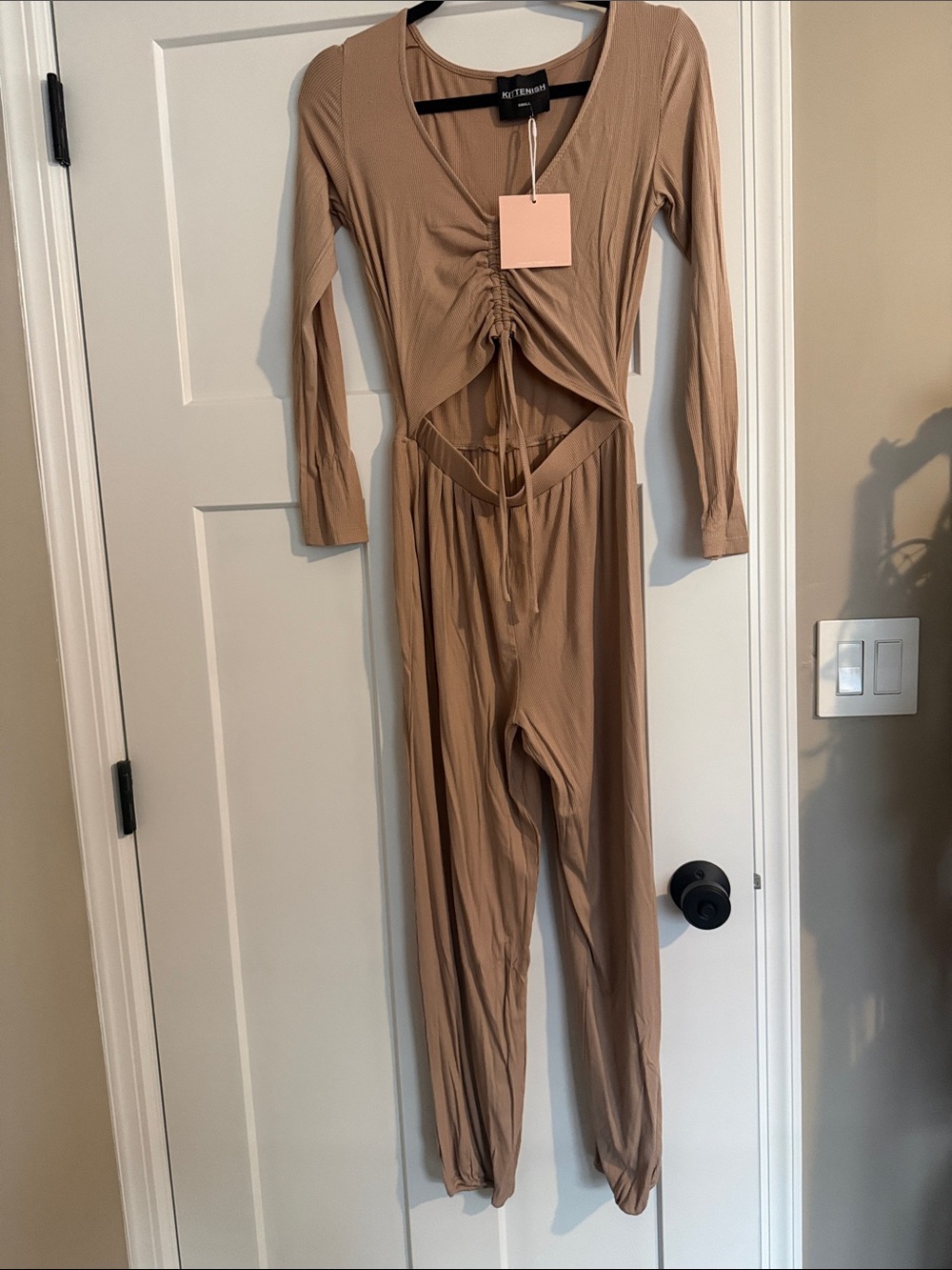 Kittenish Ruched Drawstring Taupe Jumpsuit